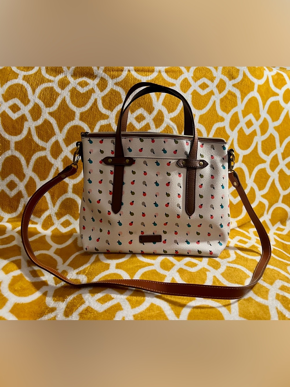 Fossil Cream Tote with Multicolor Dot Accents and Brown Trim